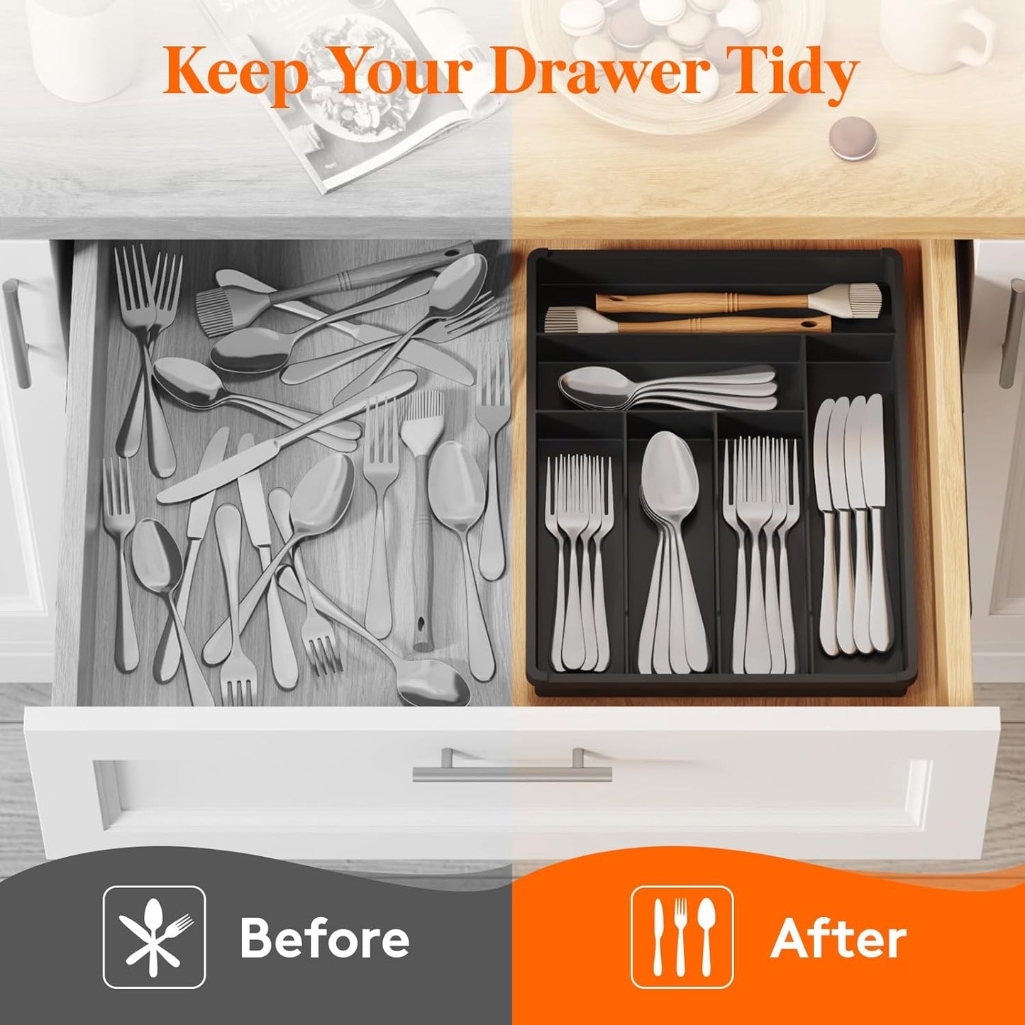 Silverware Drawer Organizer Tray, Plastic Cutlery Storage for Kitchen, Flatware and Utensil Holder Divider for Spoons Forks Knives Tableware, 9.1 x 12.6", 5 Slots, Black