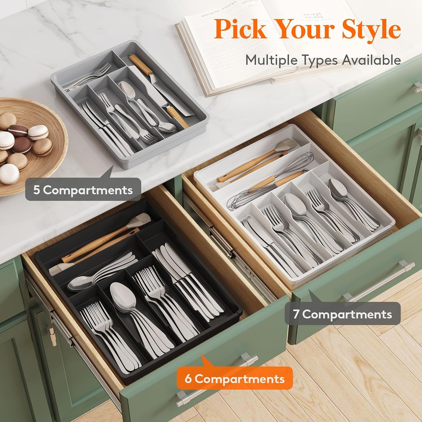 Silverware Drawer Organizer Tray, Plastic Cutlery Storage for Kitchen, Flatware and Utensil Holder Divider for Spoons Forks Knives Tableware, 9.1 x 12.6", 5 Slots, Black