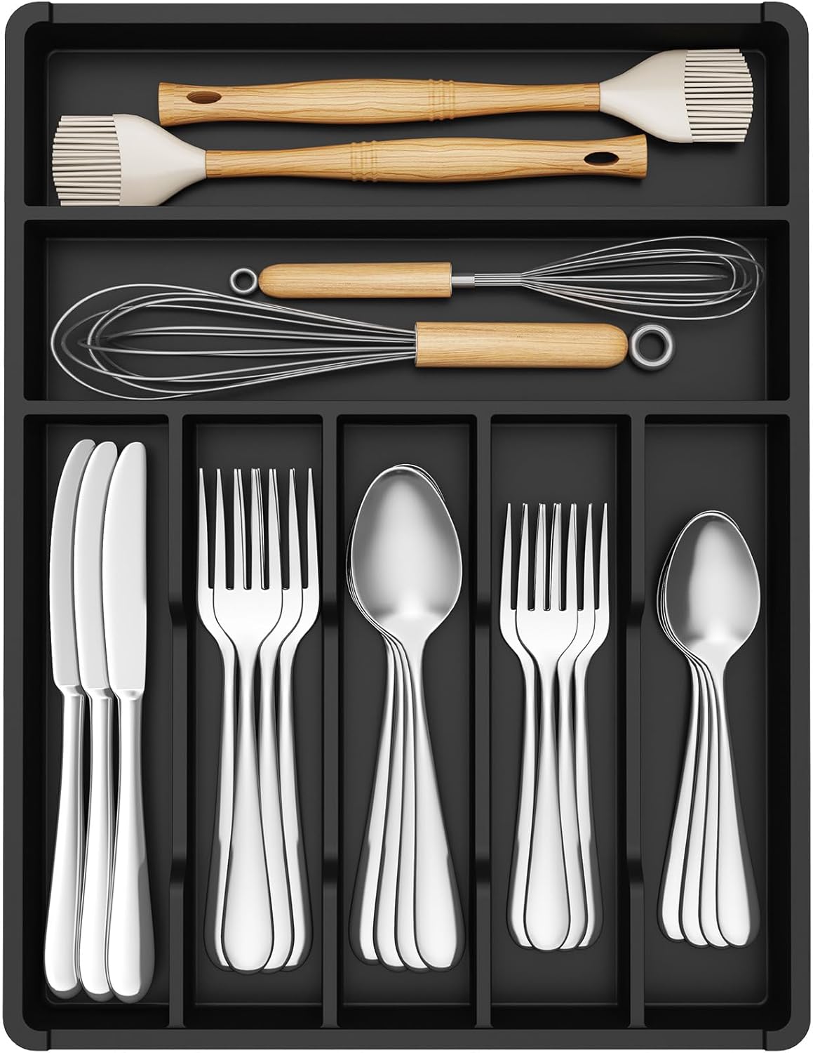 Silverware Drawer Organizer Tray, Plastic Cutlery Storage for Kitchen, Flatware and Utensil Holder Divider for Spoons Forks Knives Tableware, 9.1 x 12.6", 5 Slots, Black