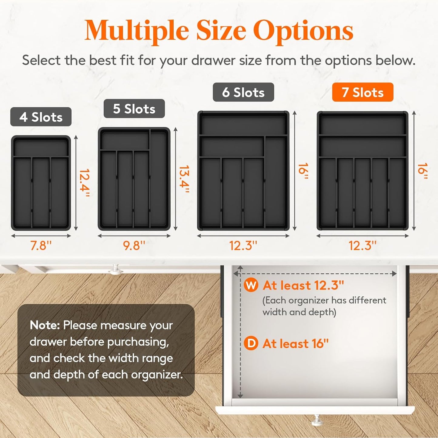 Silverware Drawer Organizer Tray, Plastic Cutlery Storage for Kitchen, Flatware and Utensil Holder Divider for Spoons Forks Knives Tableware, 9.1 x 12.6", 5 Slots, Black