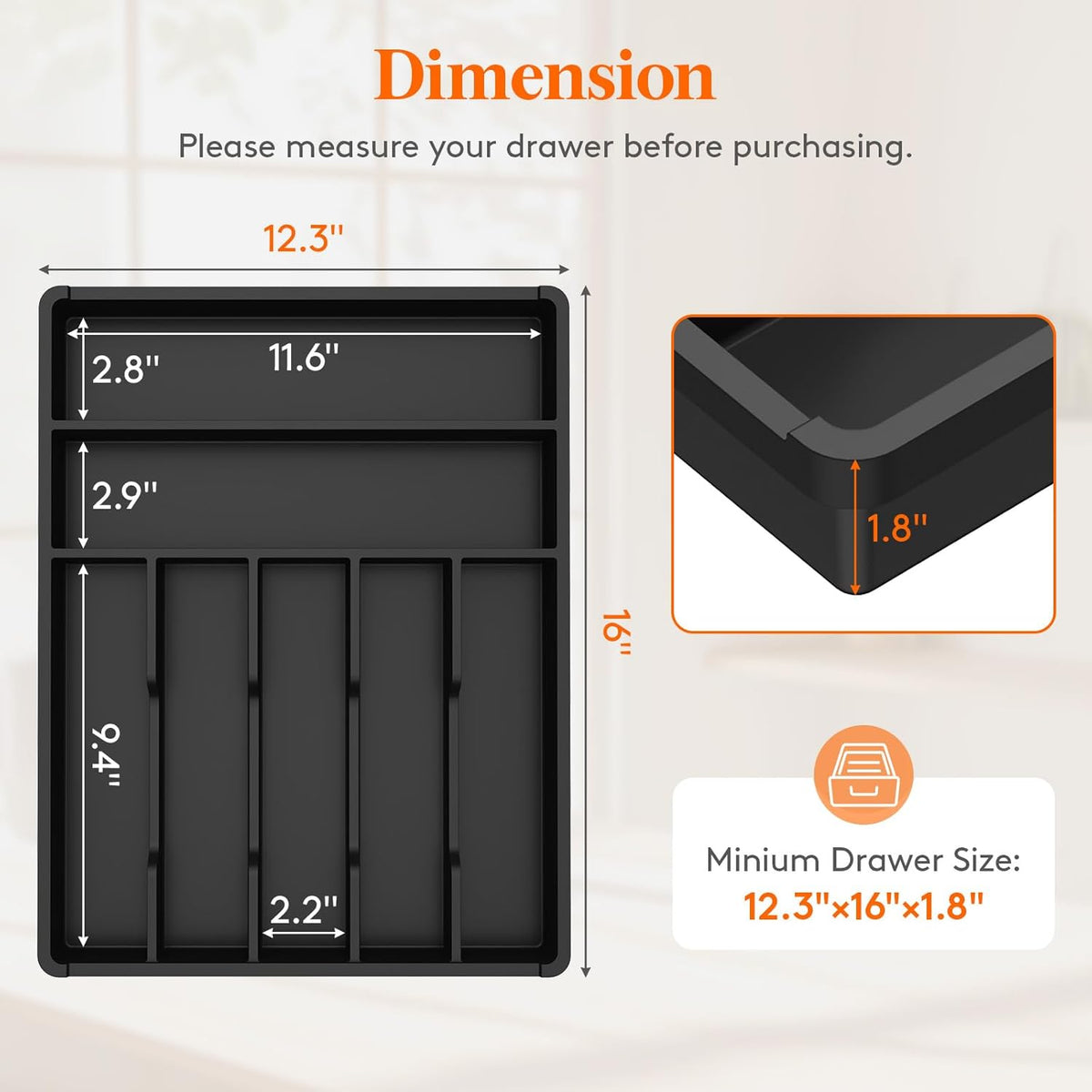 Silverware Drawer Organizer Tray, Plastic Cutlery Storage for Kitchen, Flatware and Utensil Holder Divider for Spoons Forks Knives Tableware, 9.1 x 12.6", 5 Slots, Black