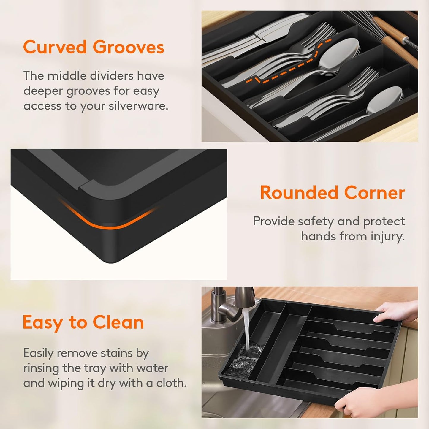 Silverware Drawer Organizer Tray, Plastic Cutlery Storage for Kitchen, Flatware and Utensil Holder Divider for Spoons Forks Knives Tableware, 9.1 x 12.6", 5 Slots, Black