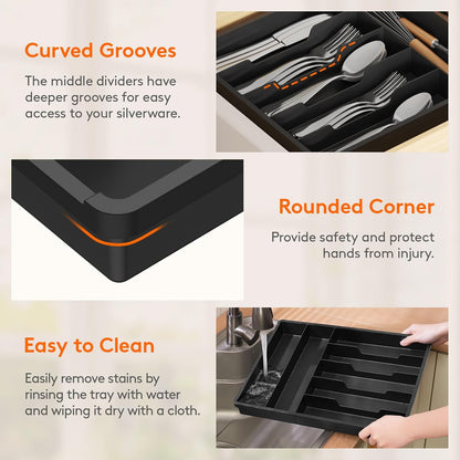Silverware Drawer Organizer Tray, Plastic Cutlery Storage for Kitchen, Flatware and Utensil Holder Divider for Spoons Forks Knives Tableware, 9.1 x 12.6", 5 Slots, Black