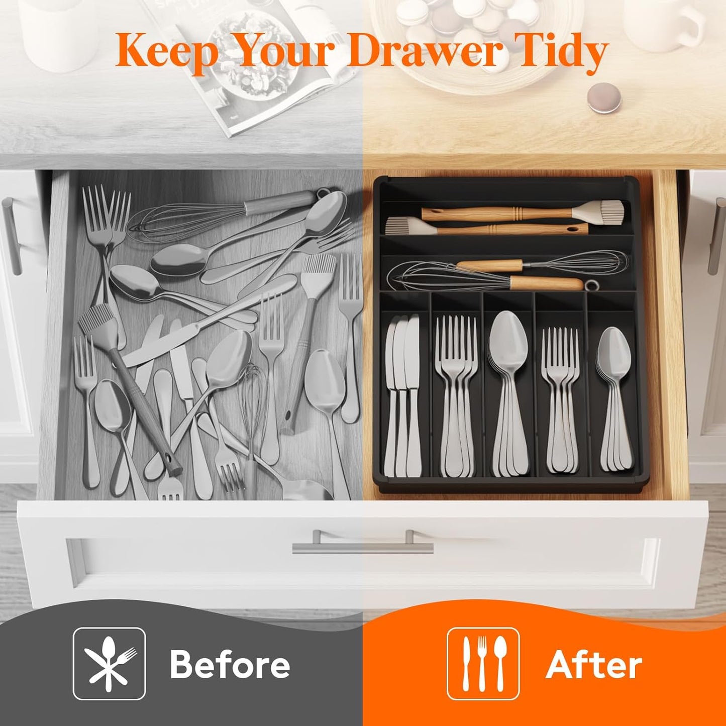 Silverware Drawer Organizer Tray, Plastic Cutlery Storage for Kitchen, Flatware and Utensil Holder Divider for Spoons Forks Knives Tableware, 9.1 x 12.6", 5 Slots, Black