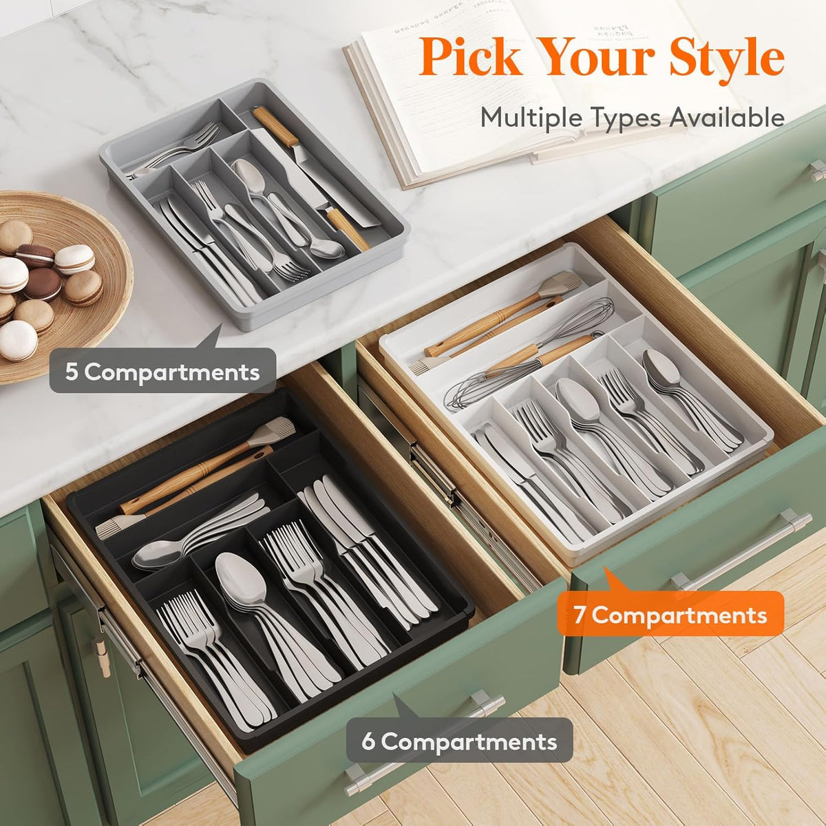Silverware Drawer Organizer Tray, Plastic Cutlery Storage for Kitchen, Flatware and Utensil Holder Divider for Spoons Forks Knives Tableware, 9.1 x 12.6", 5 Slots, Black