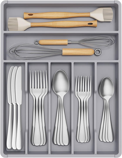 Silverware Drawer Organizer Tray, Plastic Cutlery Storage for Kitchen, Flatware and Utensil Holder Divider for Spoons Forks Knives Tableware, 9.1 x 12.6", 5 Slots, Black