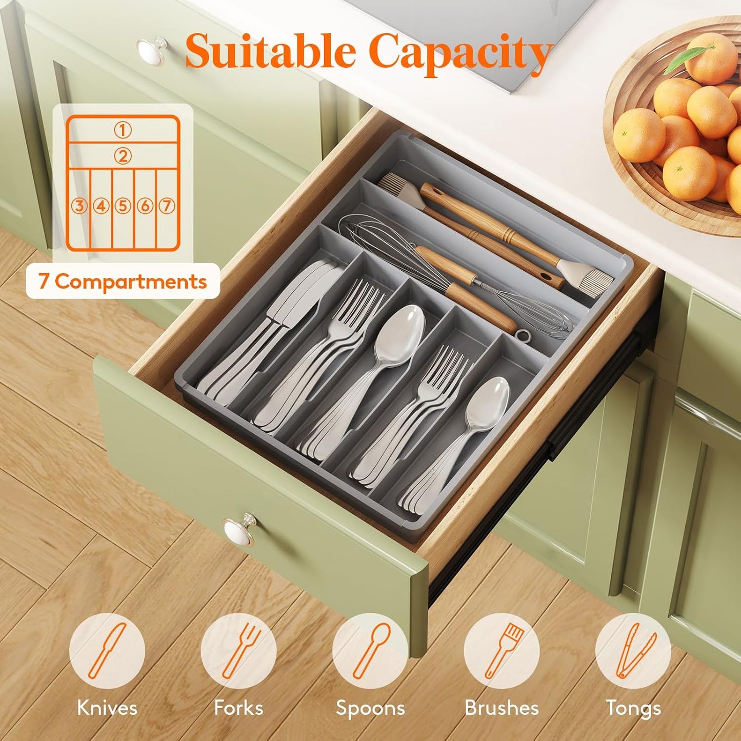Silverware Drawer Organizer Tray, Plastic Cutlery Storage for Kitchen, Flatware and Utensil Holder Divider for Spoons Forks Knives Tableware, 9.1 x 12.6", 5 Slots, Black