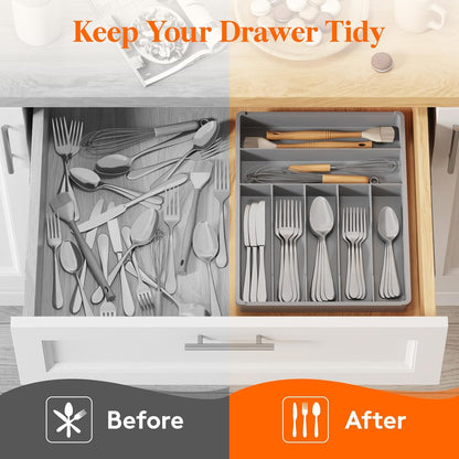 Silverware Drawer Organizer Tray, Plastic Cutlery Storage for Kitchen, Flatware and Utensil Holder Divider for Spoons Forks Knives Tableware, 9.1 x 12.6", 5 Slots, Black