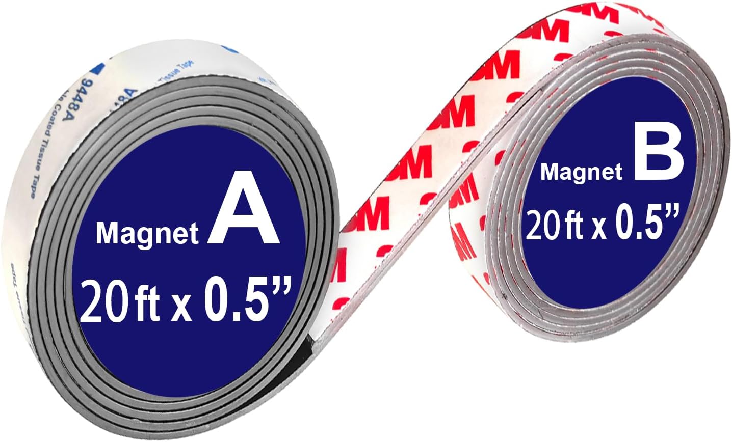 2 Rolls a+b Magnetic Tapes, Flexible Magnet Strips with Adhesive Backing, 10 Feet x 0.5"W Each Roll for DIY, Crafting, and Organizational Projects.