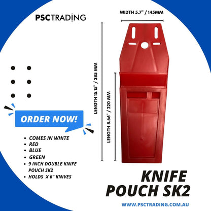 SK2 Heavy Duty Chef Knife Board with 2 Slots - Professional Belt Pouch 9" Inch Double Knife Scabbard - Butcher Knife Holder Lightweight, Perfect for Butcher or Abattoir Worker - Red