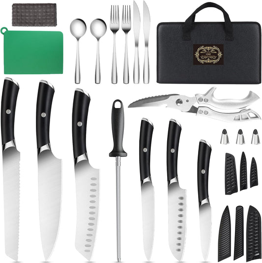 19pcs knife set, Japanese Stainless Steel Knife Sets for Kitchen with Leather storage bag with Knife Sharpening Rod, Dishwasher Safe, For Outdoor