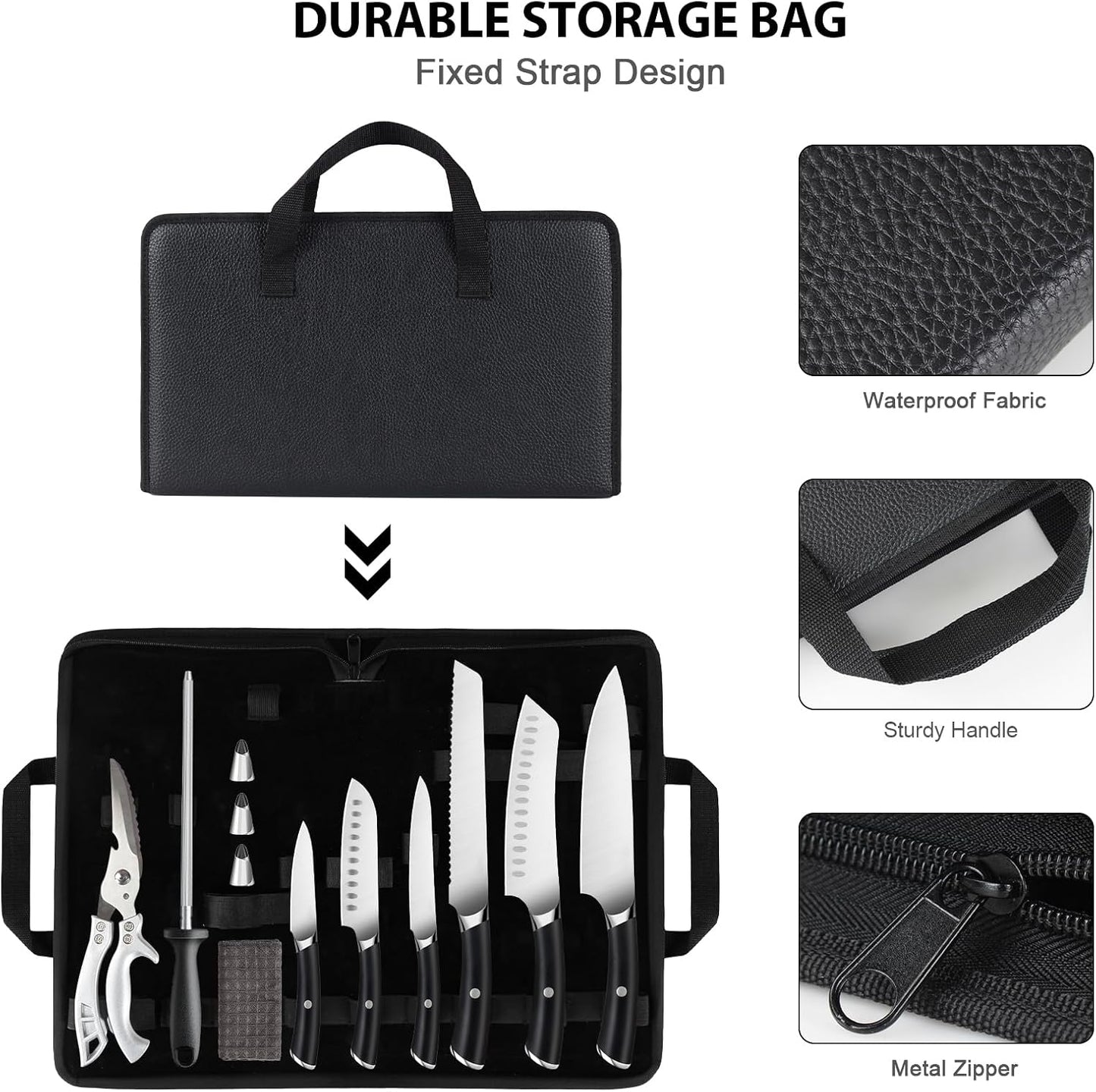 19pcs knife set, Japanese Stainless Steel Knife Sets for Kitchen with Leather storage bag with Knife Sharpening Rod, Dishwasher Safe, For Outdoor