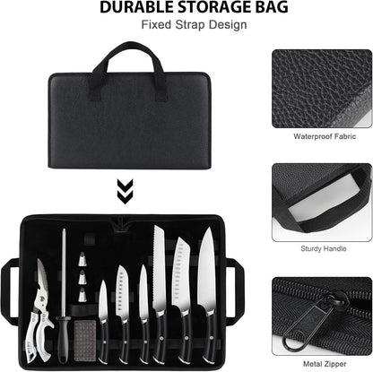 19pcs knife set, Japanese Stainless Steel Knife Sets for Kitchen with Leather storage bag with Knife Sharpening Rod, Dishwasher Safe, For Outdoor