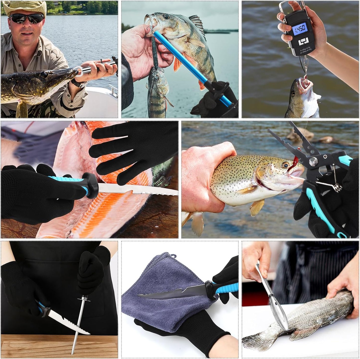 14 Pcs Fishing Tool Kit, Fillet Knife, Fishing Pliers with Lanyard, Digital Scale, Lip Gripper, Hook Remover Fish Scaler Braid Scissors Gloves Sharpening Rod Retractor Towel Bag