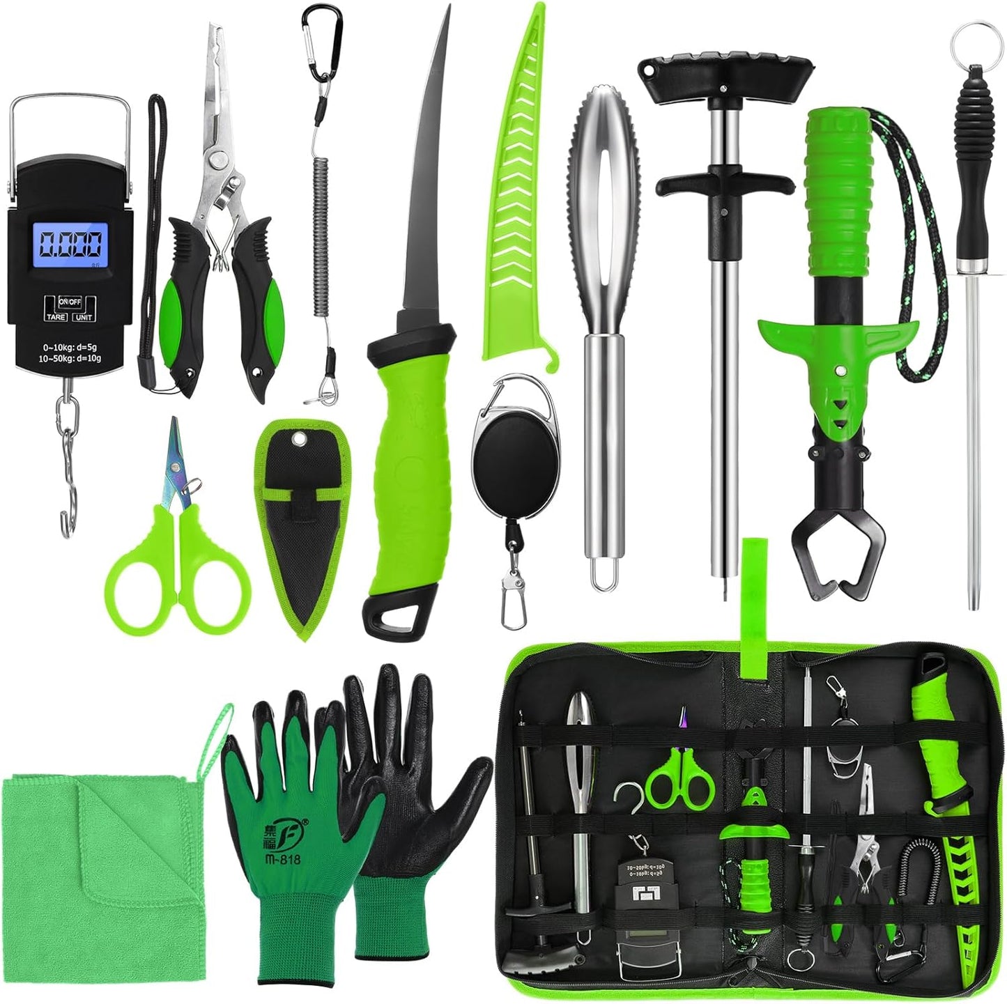 14 Pcs Fishing Tool Kit, Fillet Knife, Fishing Pliers with Lanyard, Digital Scale, Lip Gripper, Hook Remover Fish Scaler Braid Scissors Gloves Sharpening Rod Retractor Towel Bag