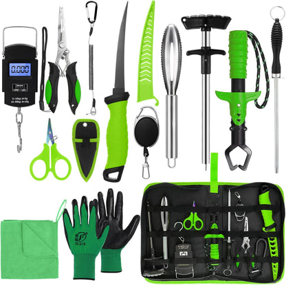 14 Pcs Fishing Tool Kit, Fillet Knife, Fishing Pliers with Lanyard, Digital Scale, Lip Gripper, Hook Remover Fish Scaler Braid Scissors Gloves Sharpening Rod Retractor Towel Bag