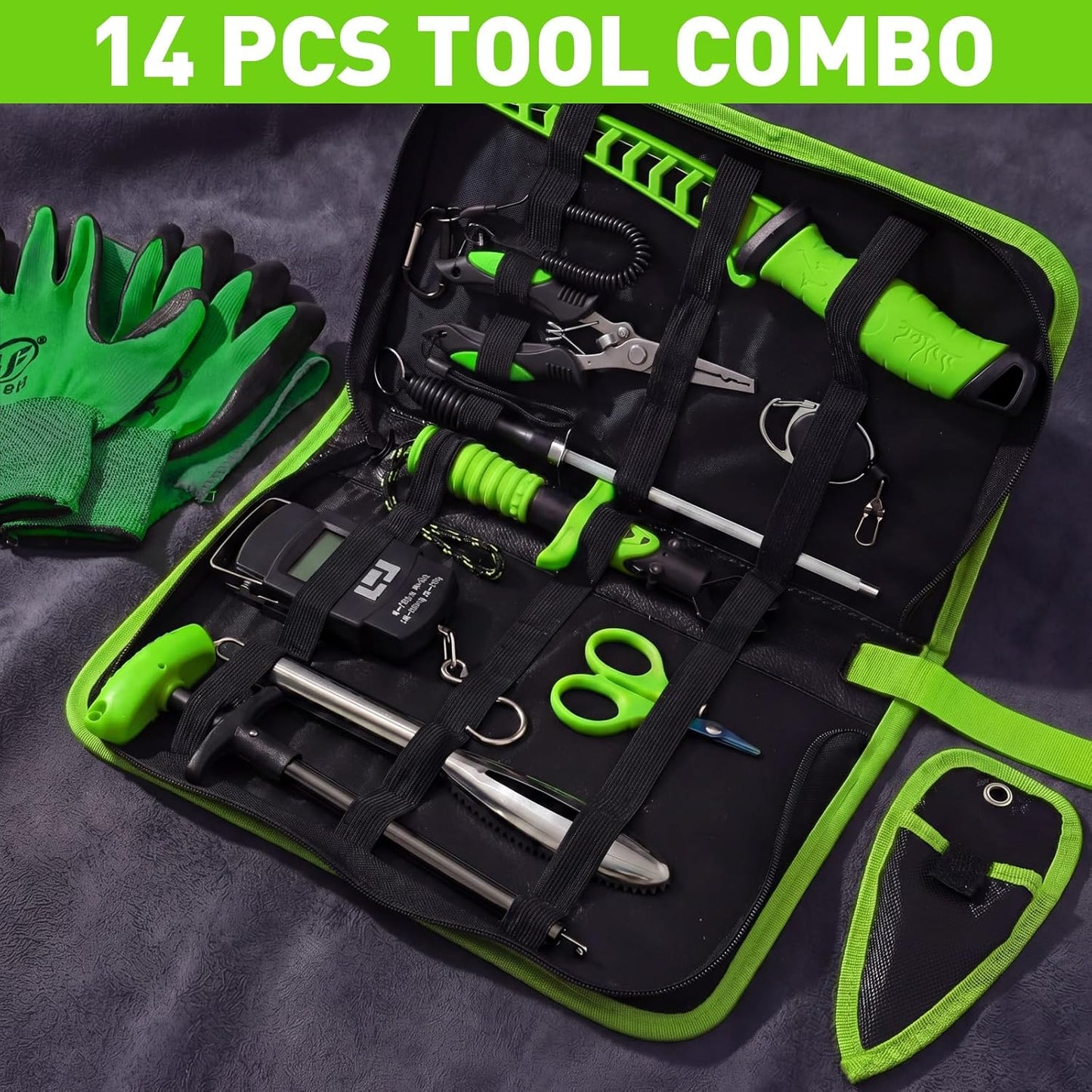 14 Pcs Fishing Tool Kit, Fillet Knife, Fishing Pliers with Lanyard, Digital Scale, Lip Gripper, Hook Remover Fish Scaler Braid Scissors Gloves Sharpening Rod Retractor Towel Bag