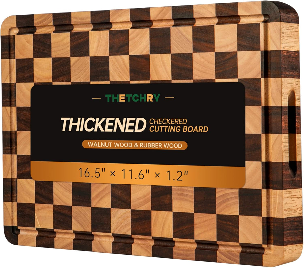 Cutting Boards for Kitchen, Checkered Cutting Board, 1.2" Thick | 16.5" x 11.6" Walnut Wood Chopping Board with Juice Groove&Handle, Double-sided Butcher Block for Prep&Serving with Gift Box