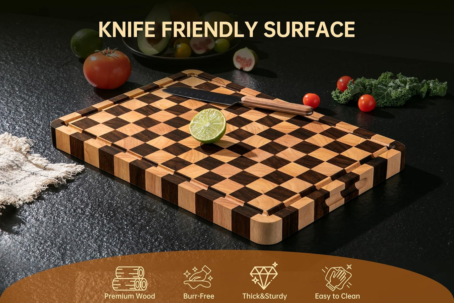 Cutting Boards for Kitchen, Checkered Cutting Board, 1.2" Thick | 16.5" x 11.6" Walnut Wood Chopping Board with Juice Groove&Handle, Double-sided Butcher Block for Prep&Serving with Gift Box