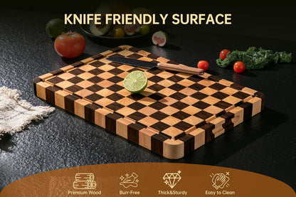 Cutting Boards for Kitchen, Checkered Cutting Board, 1.2" Thick | 16.5" x 11.6" Walnut Wood Chopping Board with Juice Groove&Handle, Double-sided Butcher Block for Prep&Serving with Gift Box