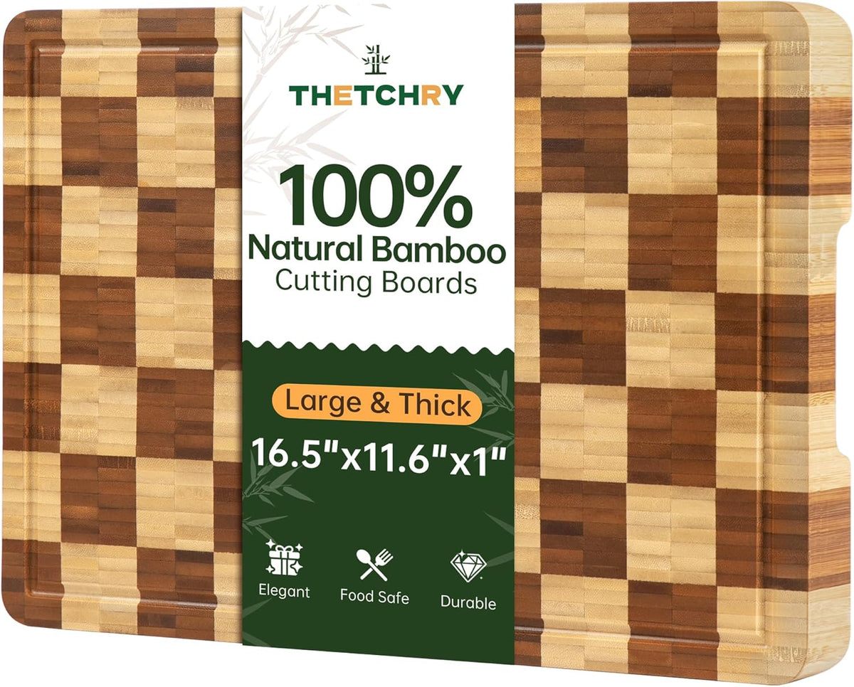 Cutting Boards for Kitchen, Checkered Cutting Board, 1.2" Thick | 16.5" x 11.6" Walnut Wood Chopping Board with Juice Groove&Handle, Double-sided Butcher Block for Prep&Serving with Gift Box