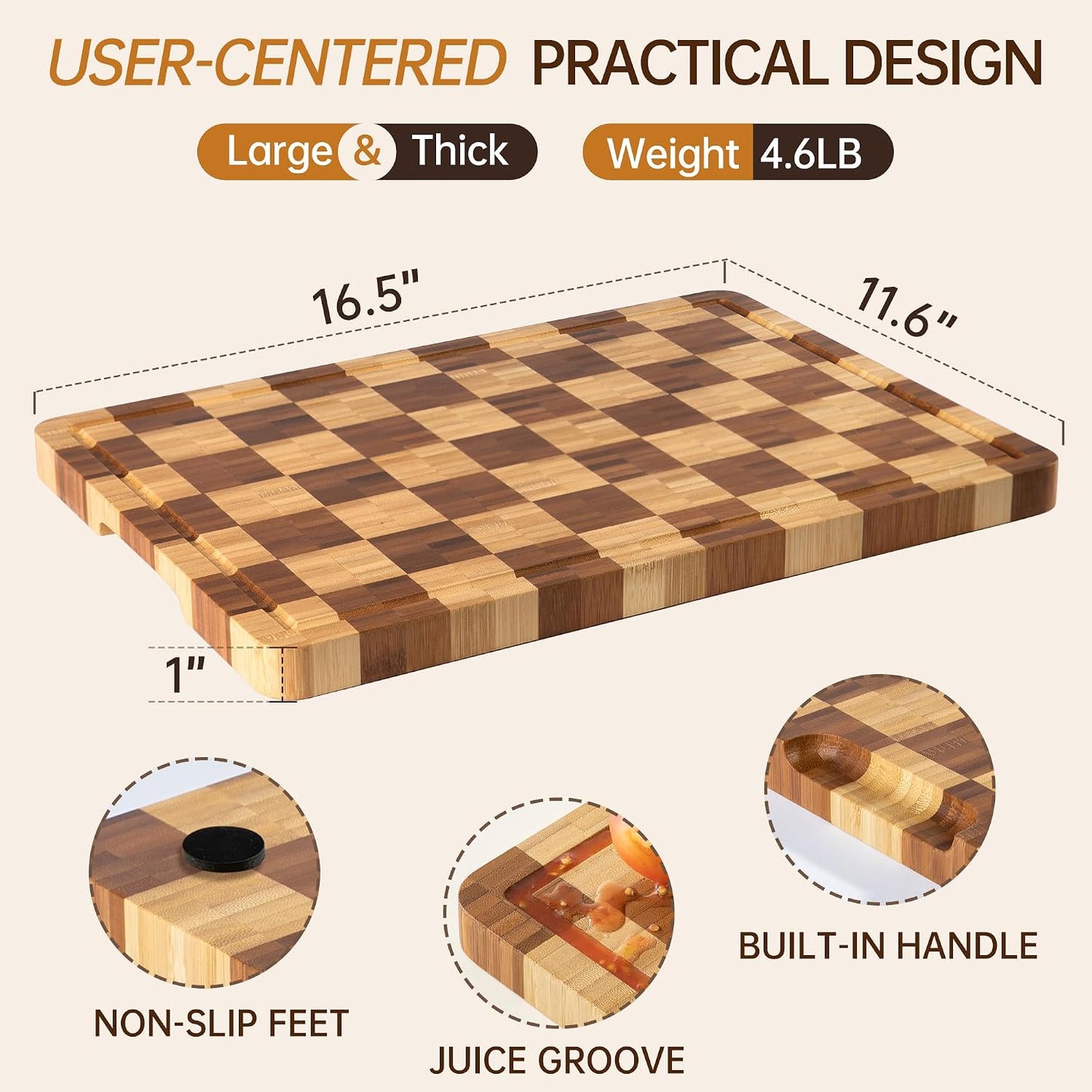 Cutting Boards for Kitchen, Checkered Cutting Board, 1.2" Thick | 16.5" x 11.6" Walnut Wood Chopping Board with Juice Groove&Handle, Double-sided Butcher Block for Prep&Serving with Gift Box