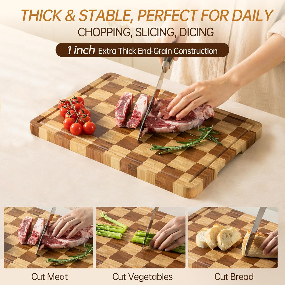 Cutting Boards for Kitchen, Checkered Cutting Board, 1.2" Thick | 16.5" x 11.6" Walnut Wood Chopping Board with Juice Groove&Handle, Double-sided Butcher Block for Prep&Serving with Gift Box