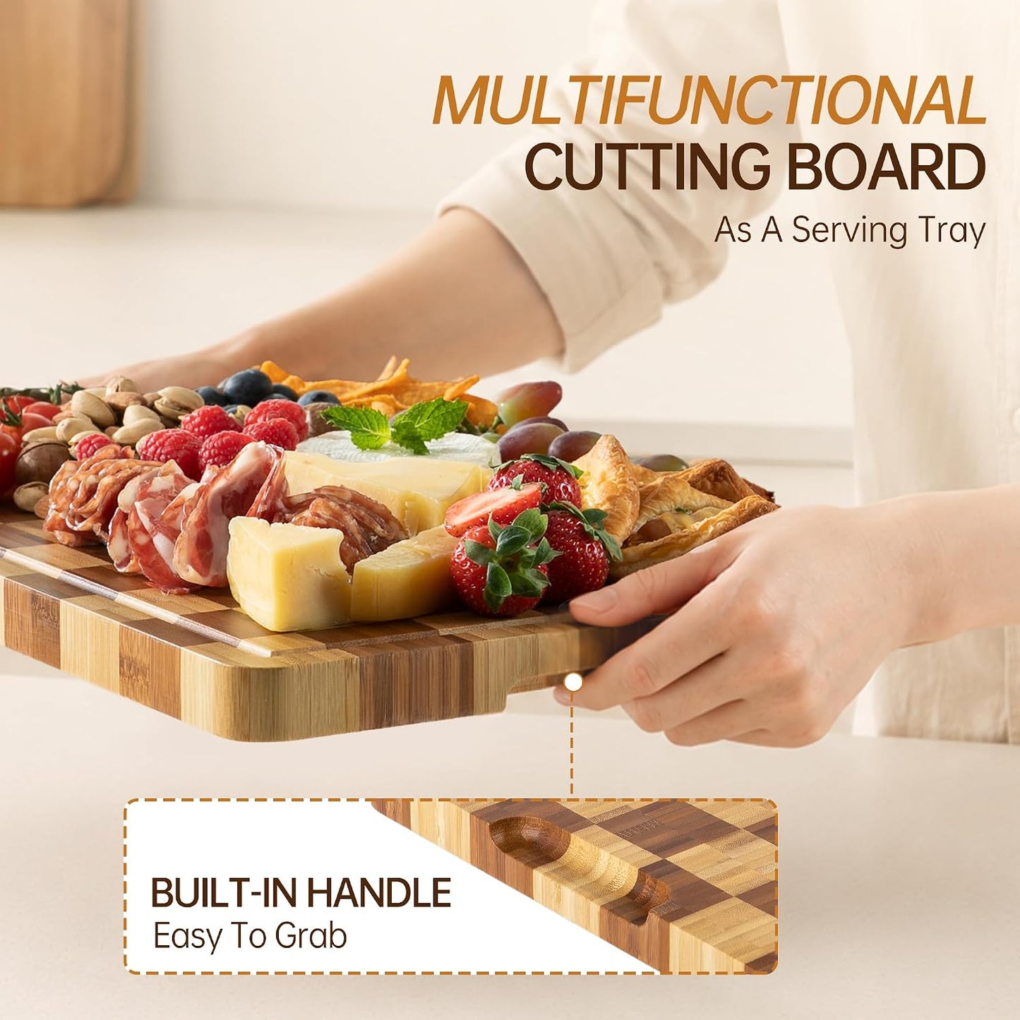 Cutting Boards for Kitchen, Checkered Cutting Board, 1.2" Thick | 16.5" x 11.6" Walnut Wood Chopping Board with Juice Groove&Handle, Double-sided Butcher Block for Prep&Serving with Gift Box