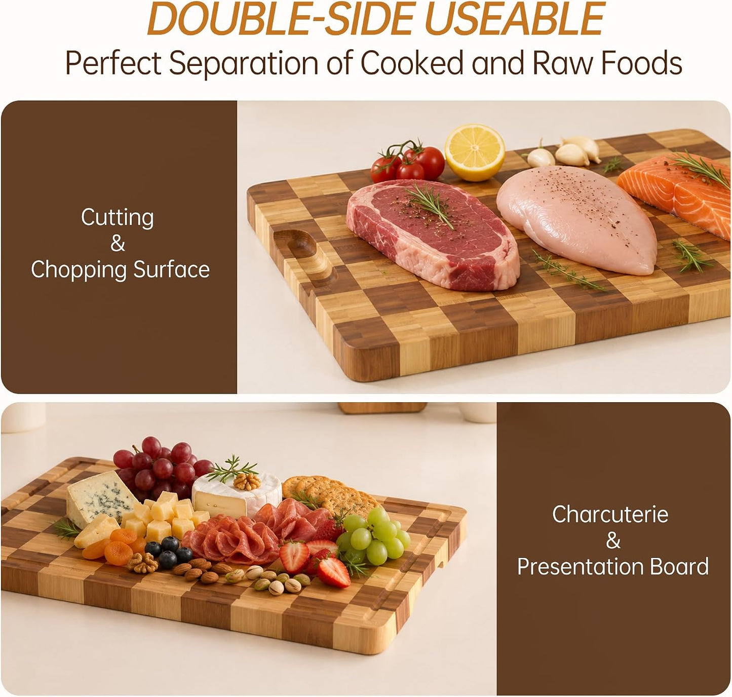 Cutting Boards for Kitchen, Checkered Cutting Board, 1.2" Thick | 16.5" x 11.6" Walnut Wood Chopping Board with Juice Groove&Handle, Double-sided Butcher Block for Prep&Serving with Gift Box
