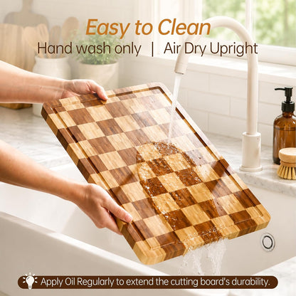 Cutting Boards for Kitchen, Checkered Cutting Board, 1.2" Thick | 16.5" x 11.6" Walnut Wood Chopping Board with Juice Groove&Handle, Double-sided Butcher Block for Prep&Serving with Gift Box