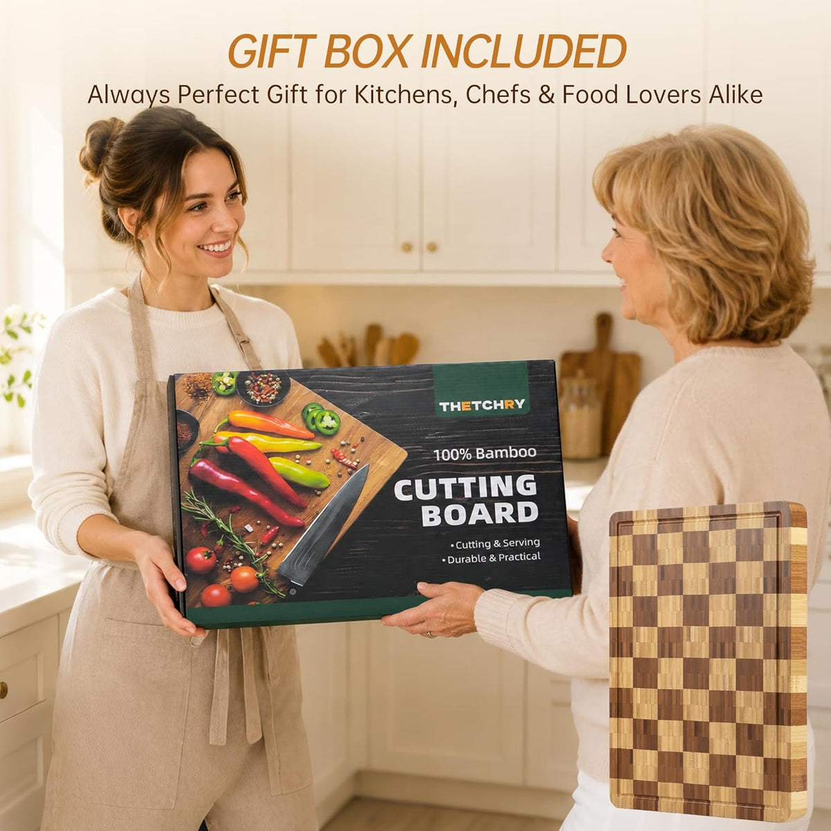 Cutting Boards for Kitchen, Checkered Cutting Board, 1.2" Thick | 16.5" x 11.6" Walnut Wood Chopping Board with Juice Groove&Handle, Double-sided Butcher Block for Prep&Serving with Gift Box