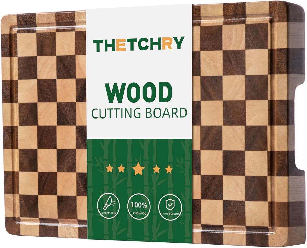Cutting Boards for Kitchen, Checkered Cutting Board, 1.2" Thick | 16.5" x 11.6" Walnut Wood Chopping Board with Juice Groove&Handle, Double-sided Butcher Block for Prep&Serving with Gift Box