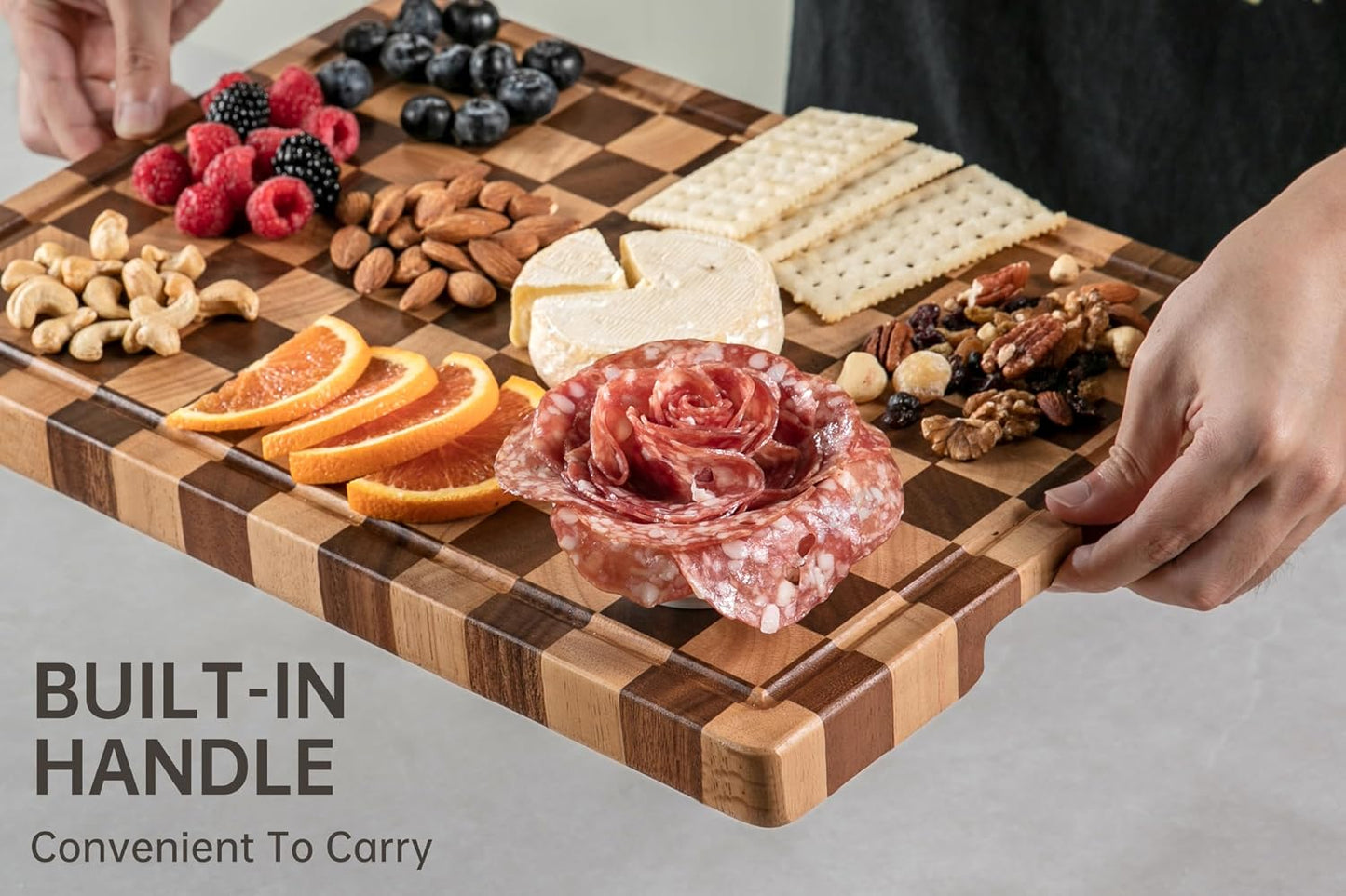 Cutting Boards for Kitchen, Checkered Cutting Board, 1.2" Thick | 16.5" x 11.6" Walnut Wood Chopping Board with Juice Groove&Handle, Double-sided Butcher Block for Prep&Serving with Gift Box