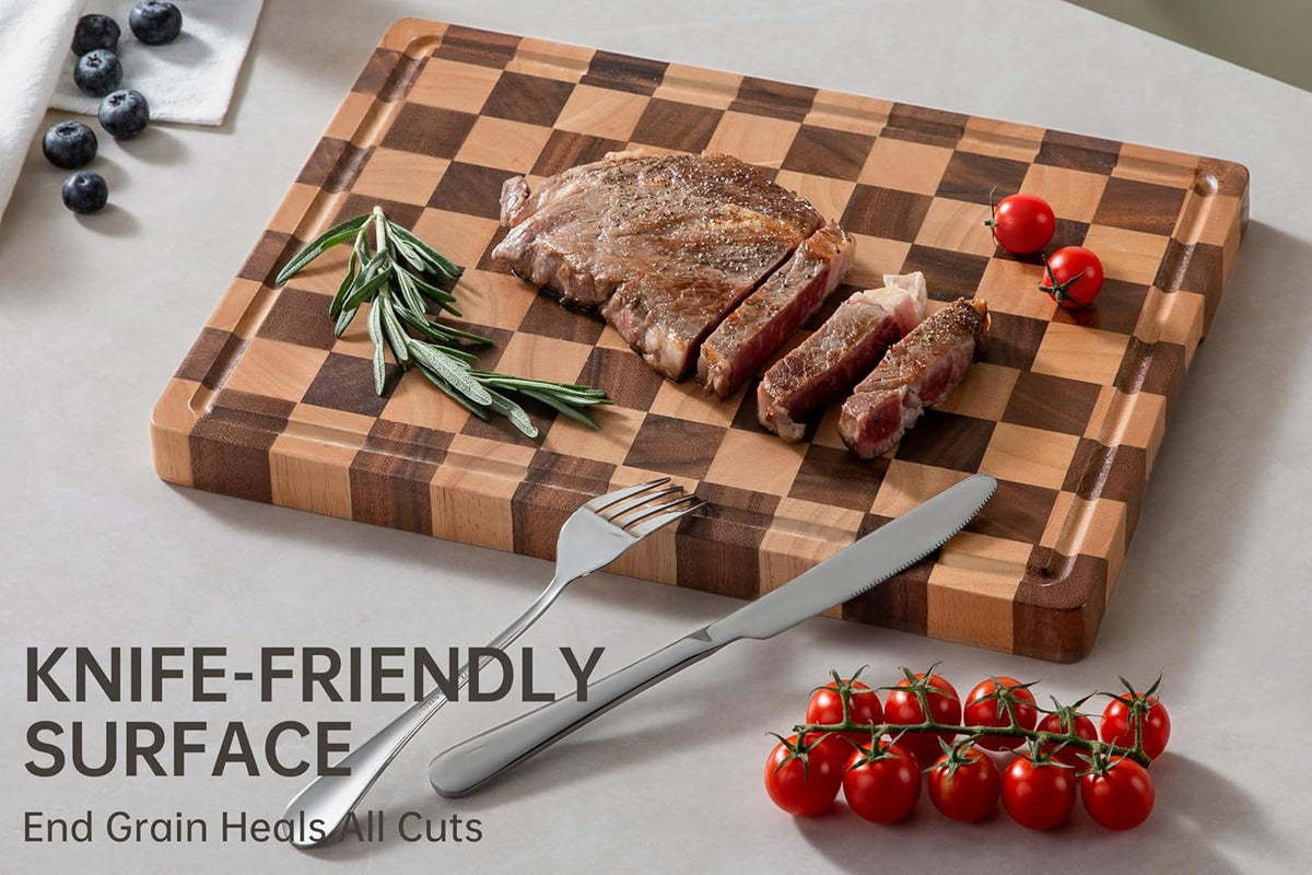 Cutting Boards for Kitchen, Checkered Cutting Board, 1.2" Thick | 16.5" x 11.6" Walnut Wood Chopping Board with Juice Groove&Handle, Double-sided Butcher Block for Prep&Serving with Gift Box