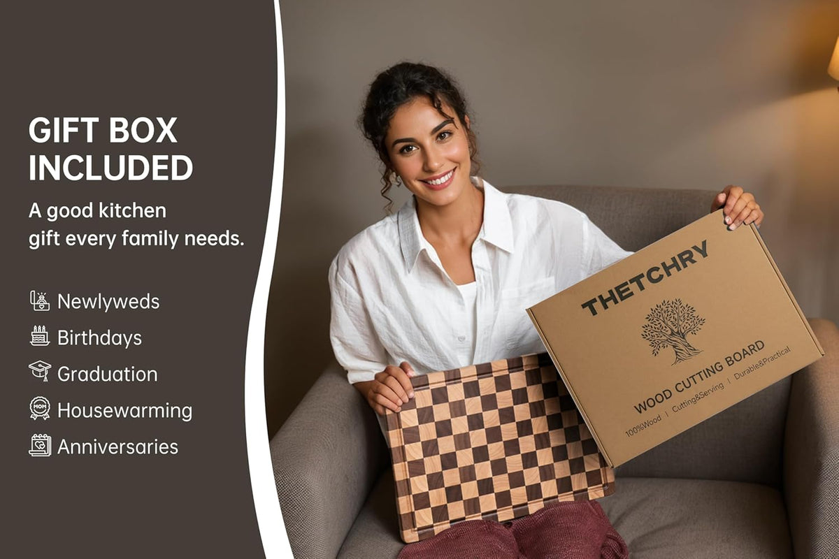 Cutting Boards for Kitchen, Checkered Cutting Board, 1.2" Thick | 16.5" x 11.6" Walnut Wood Chopping Board with Juice Groove&Handle, Double-sided Butcher Block for Prep&Serving with Gift Box