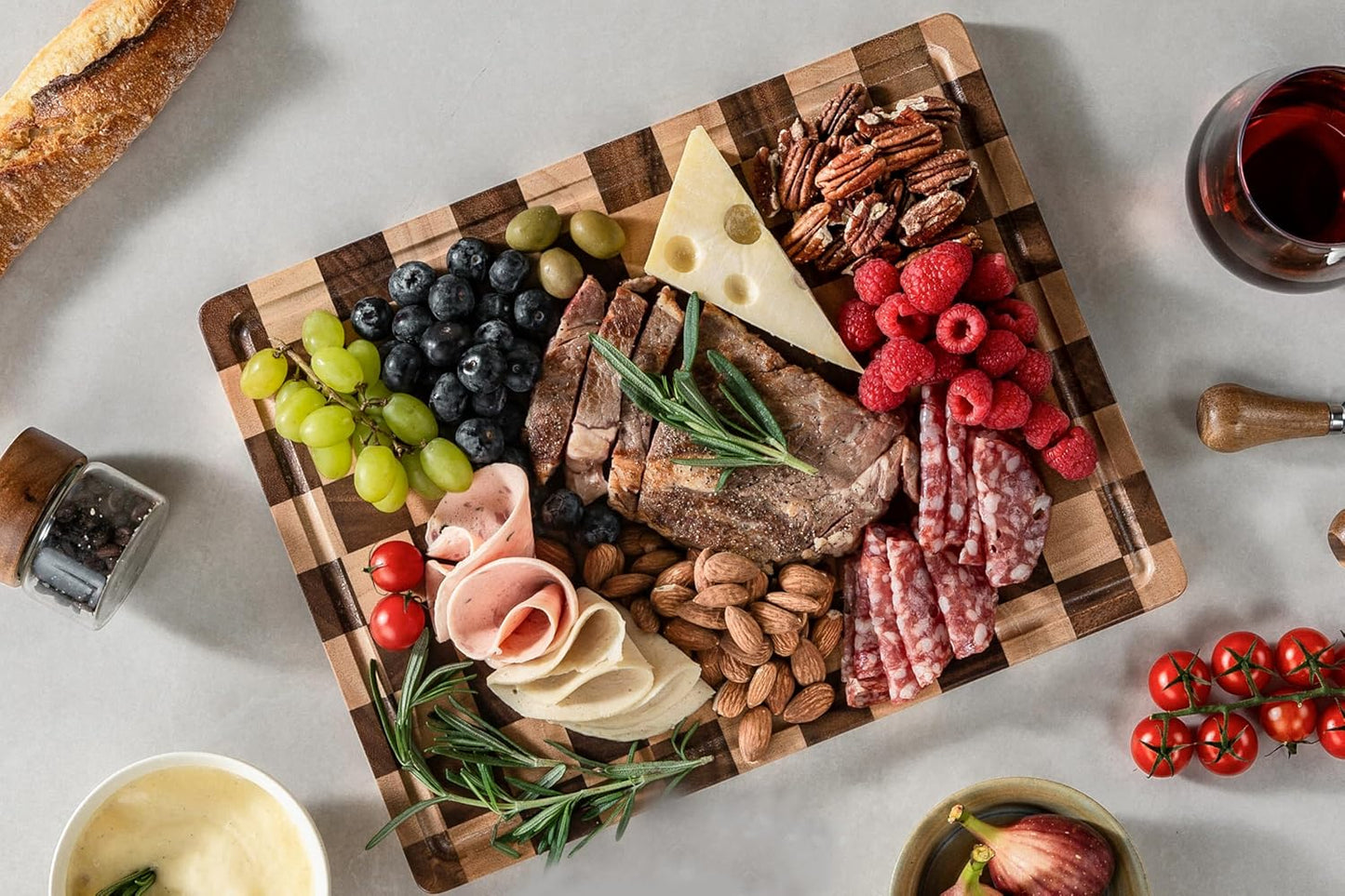 Cutting Boards for Kitchen, Checkered Cutting Board, 1.2" Thick | 16.5" x 11.6" Walnut Wood Chopping Board with Juice Groove&Handle, Double-sided Butcher Block for Prep&Serving with Gift Box