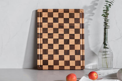Cutting Boards for Kitchen, Checkered Cutting Board, 1.2" Thick | 16.5" x 11.6" Walnut Wood Chopping Board with Juice Groove&Handle, Double-sided Butcher Block for Prep&Serving with Gift Box