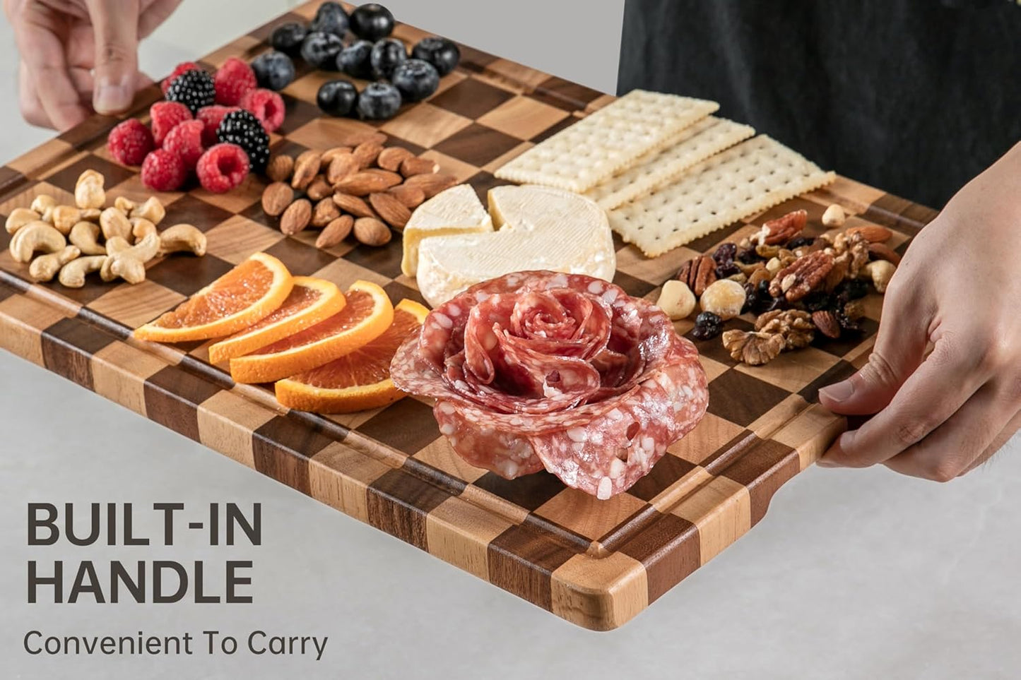 Cutting Boards for Kitchen, Checkered Cutting Board, 1.2" Thick | 16.5" x 11.6" Walnut Wood Chopping Board with Juice Groove&Handle, Double-sided Butcher Block for Prep&Serving with Gift Box