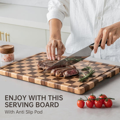 Cutting Boards for Kitchen, Checkered Cutting Board, 1.2" Thick | 16.5" x 11.6" Walnut Wood Chopping Board with Juice Groove&Handle, Double-sided Butcher Block for Prep&Serving with Gift Box