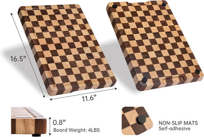 Cutting Boards for Kitchen, Checkered Cutting Board, 1.2" Thick | 16.5" x 11.6" Walnut Wood Chopping Board with Juice Groove&Handle, Double-sided Butcher Block for Prep&Serving with Gift Box