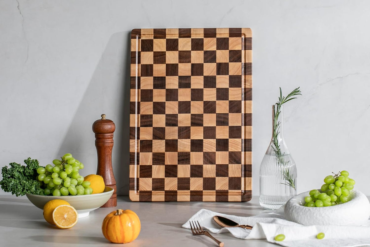 Cutting Boards for Kitchen, Checkered Cutting Board, 1.2" Thick | 16.5" x 11.6" Walnut Wood Chopping Board with Juice Groove&Handle, Double-sided Butcher Block for Prep&Serving with Gift Box