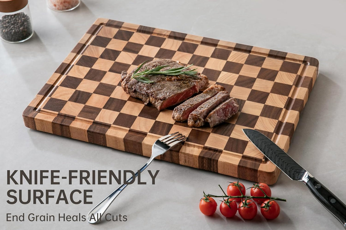 Cutting Boards for Kitchen, Checkered Cutting Board, 1.2" Thick | 16.5" x 11.6" Walnut Wood Chopping Board with Juice Groove&Handle, Double-sided Butcher Block for Prep&Serving with Gift Box