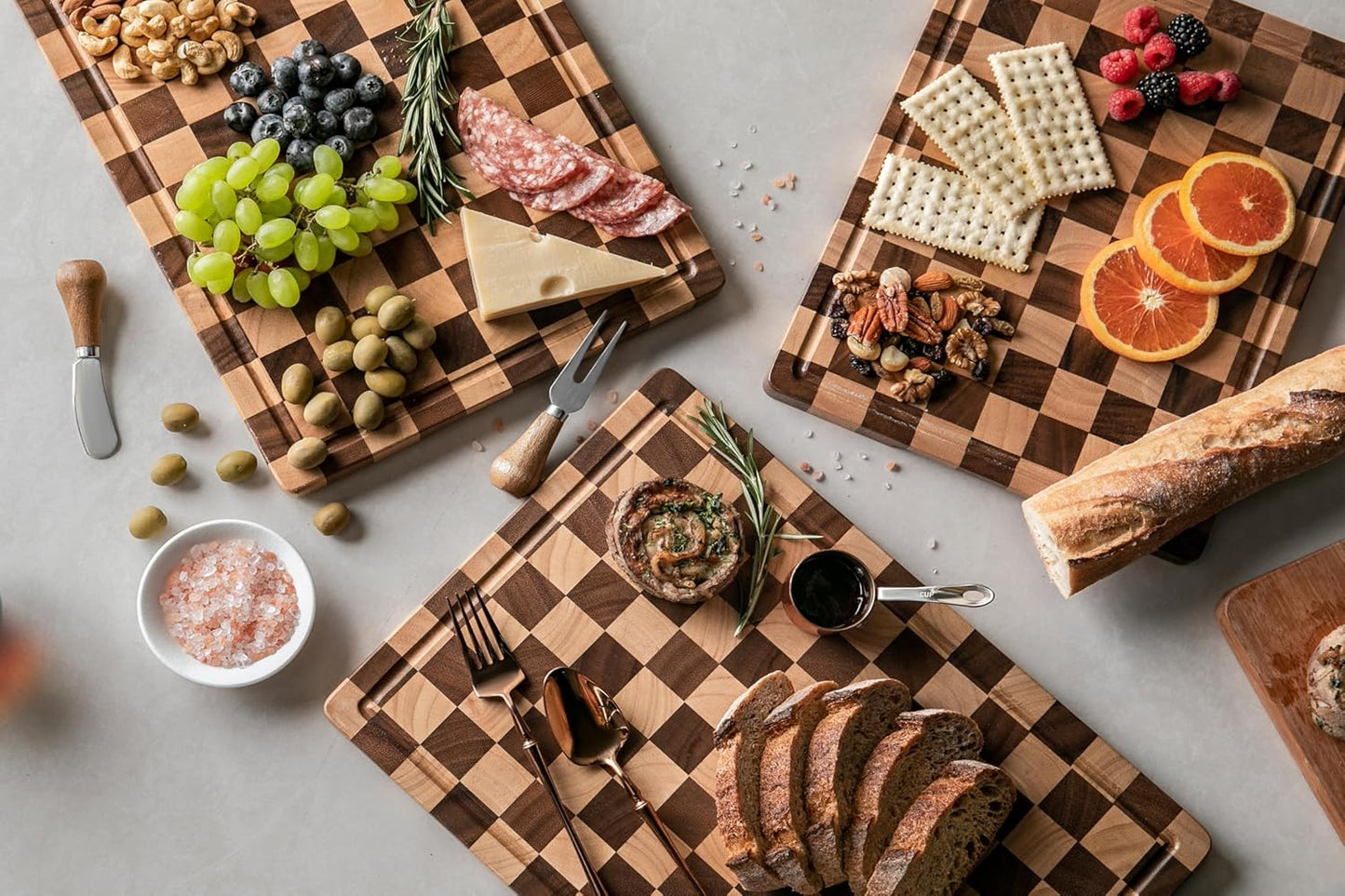 Cutting Boards for Kitchen, Checkered Cutting Board, 1.2" Thick | 16.5" x 11.6" Walnut Wood Chopping Board with Juice Groove&Handle, Double-sided Butcher Block for Prep&Serving with Gift Box