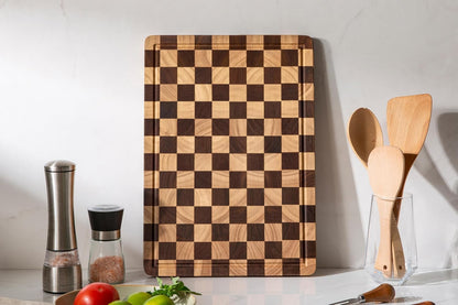 Cutting Boards for Kitchen, Checkered Cutting Board, 1.2" Thick | 16.5" x 11.6" Walnut Wood Chopping Board with Juice Groove&Handle, Double-sided Butcher Block for Prep&Serving with Gift Box