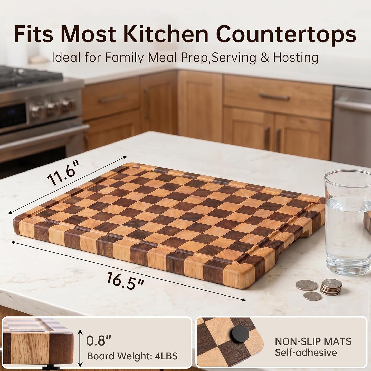 Cutting Boards for Kitchen, Checkered Cutting Board, 1.2" Thick | 16.5" x 11.6" Walnut Wood Chopping Board with Juice Groove&Handle, Double-sided Butcher Block for Prep&Serving with Gift Box
