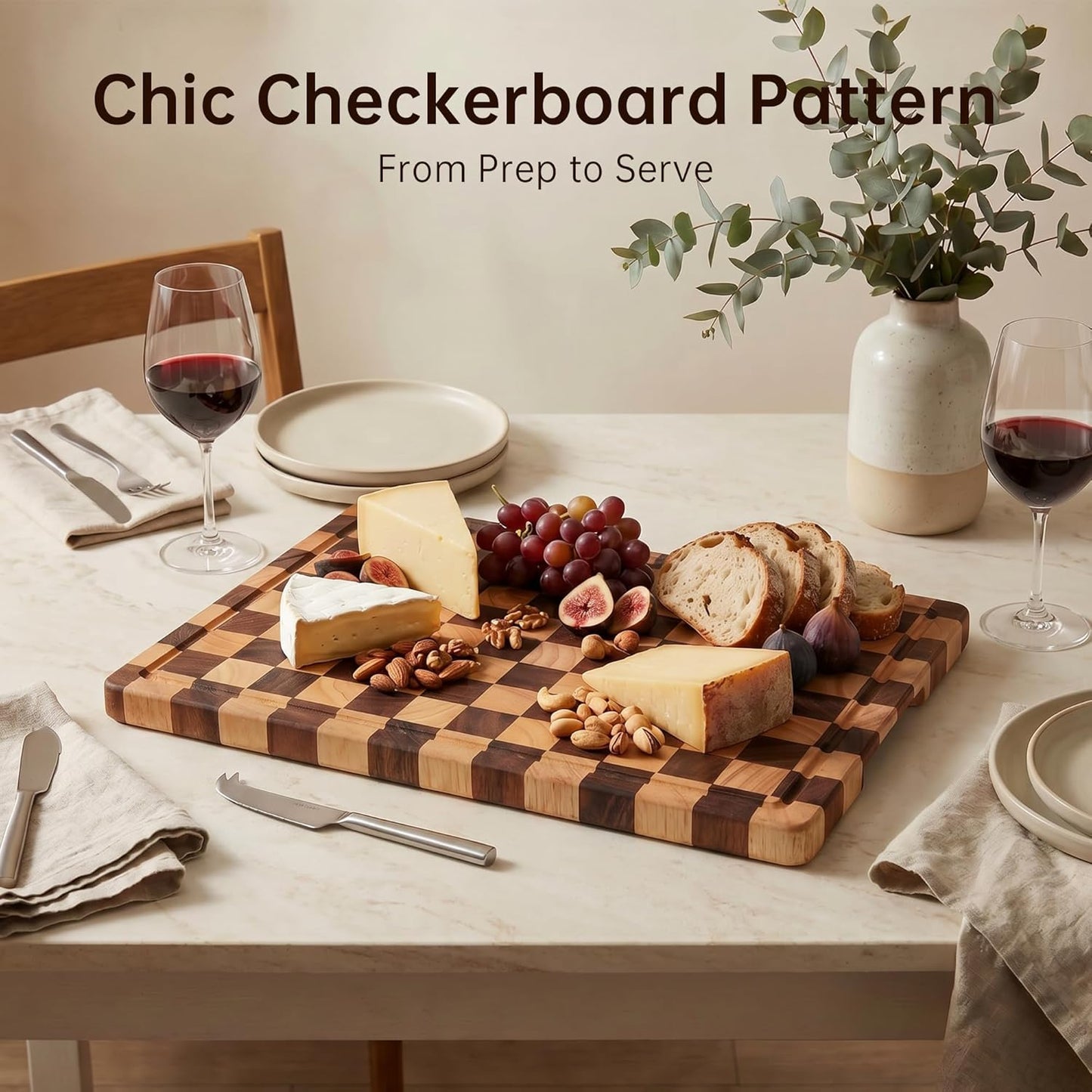 Cutting Boards for Kitchen, Checkered Cutting Board, 1.2" Thick | 16.5" x 11.6" Walnut Wood Chopping Board with Juice Groove&Handle, Double-sided Butcher Block for Prep&Serving with Gift Box