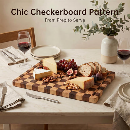 Cutting Boards for Kitchen, Checkered Cutting Board, 1.2" Thick | 16.5" x 11.6" Walnut Wood Chopping Board with Juice Groove&Handle, Double-sided Butcher Block for Prep&Serving with Gift Box