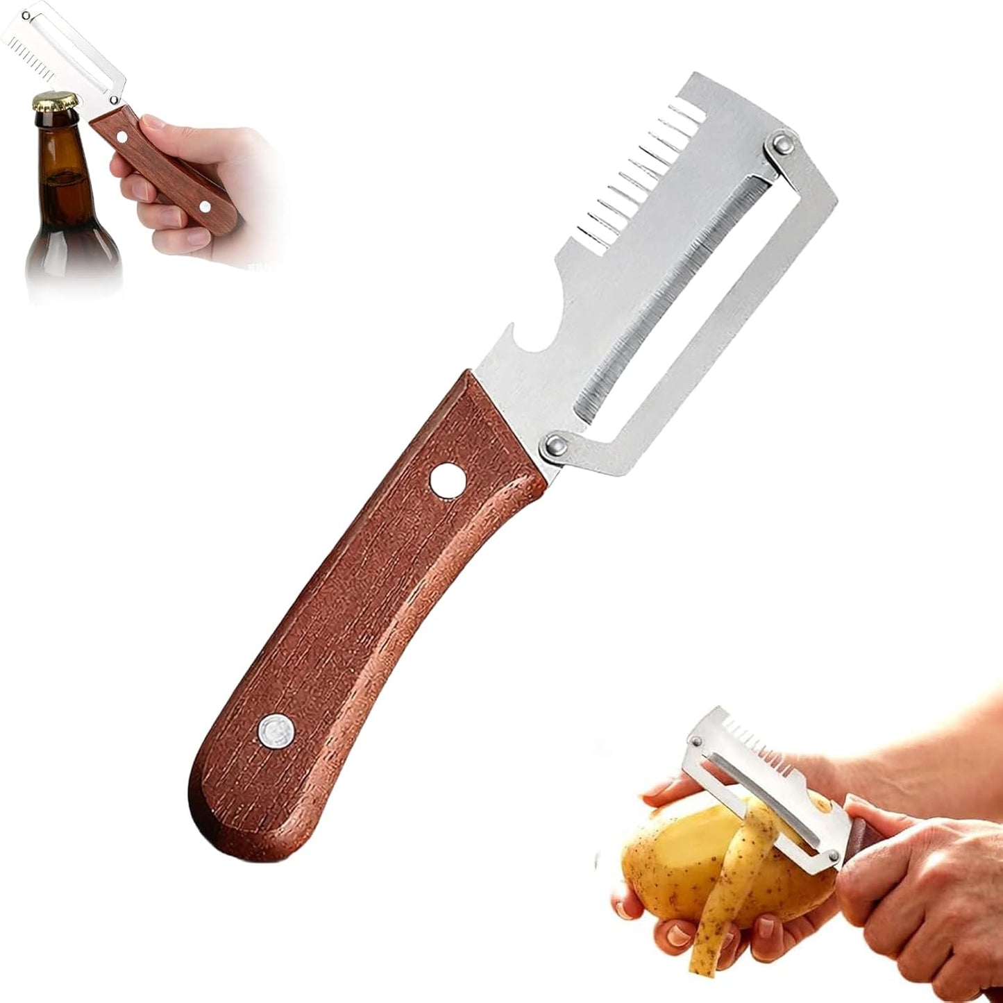 NEW Premium Vegetable Peeler with Wooden Handle and Bottle Opener: 2-in-1 Stainless Steel Kitchen Tool for Fruit Apple Potato Pumpkin Papaya (2Pcs)
