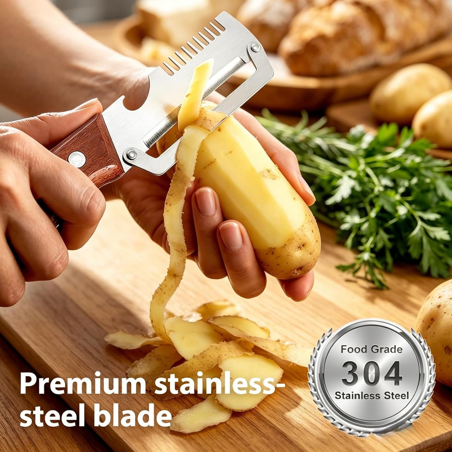 NEW Premium Vegetable Peeler with Wooden Handle and Bottle Opener: 2-in-1 Stainless Steel Kitchen Tool for Fruit Apple Potato Pumpkin Papaya (2Pcs)