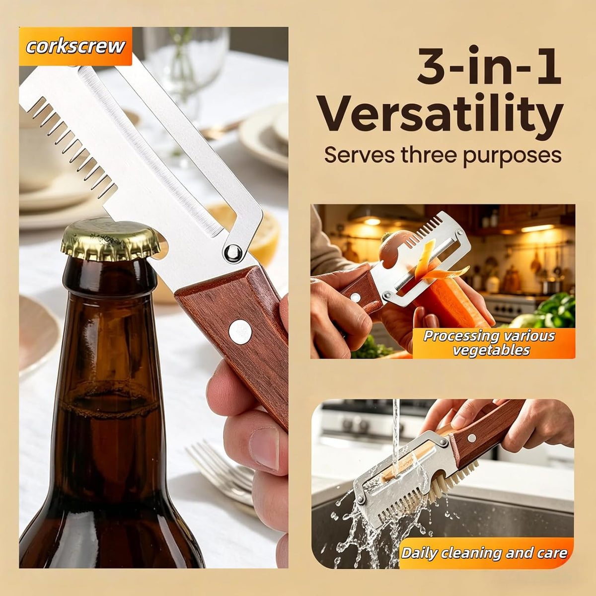 NEW Premium Vegetable Peeler with Wooden Handle and Bottle Opener: 2-in-1 Stainless Steel Kitchen Tool for Fruit Apple Potato Pumpkin Papaya (2Pcs)